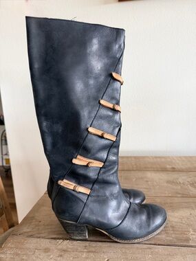 Anthropologie / Holding HorseTall Black Leather Boots with Tan Strap Accents